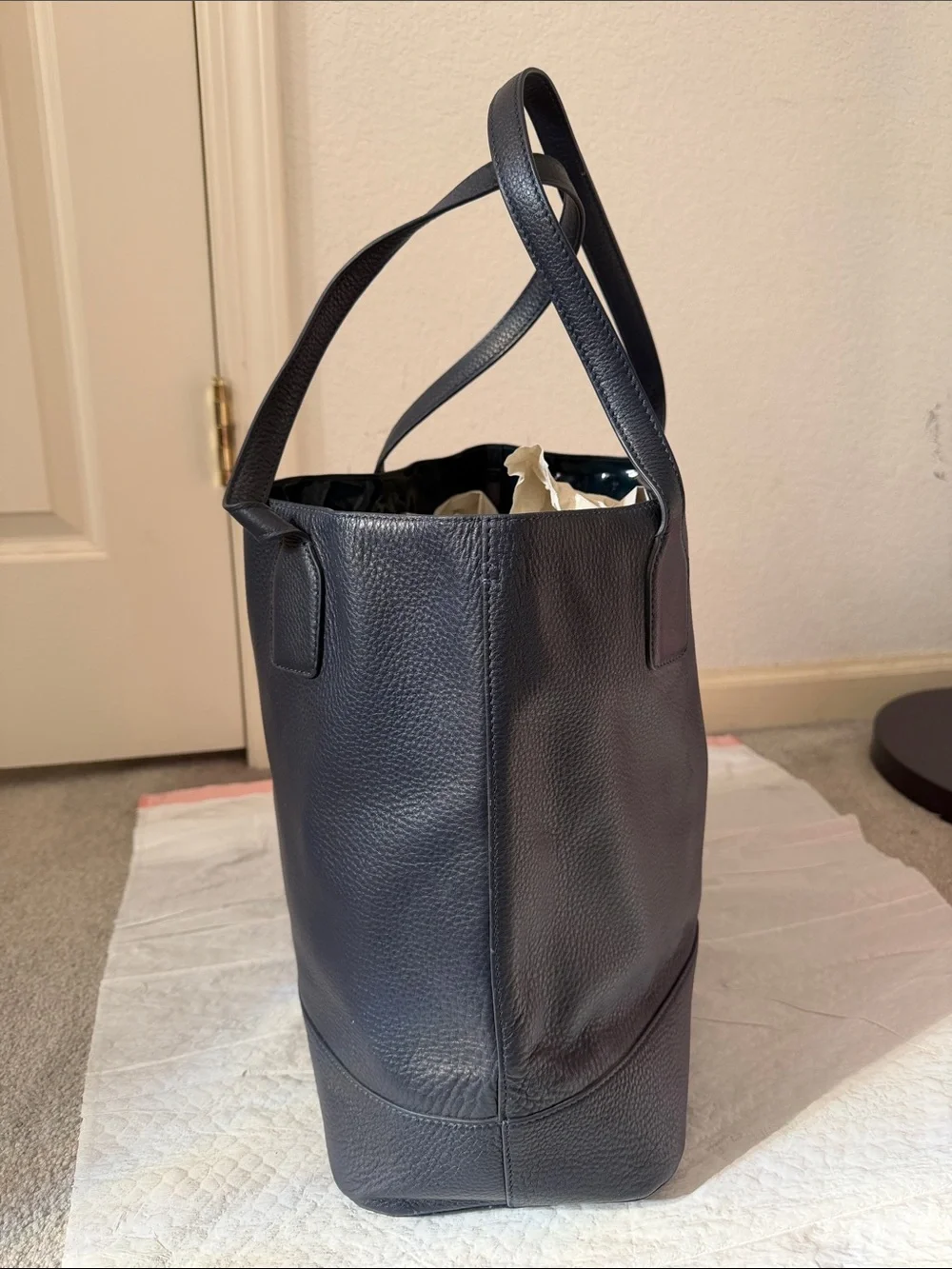 Tory Burch Navy Shoulder Tote with Gold Emblem